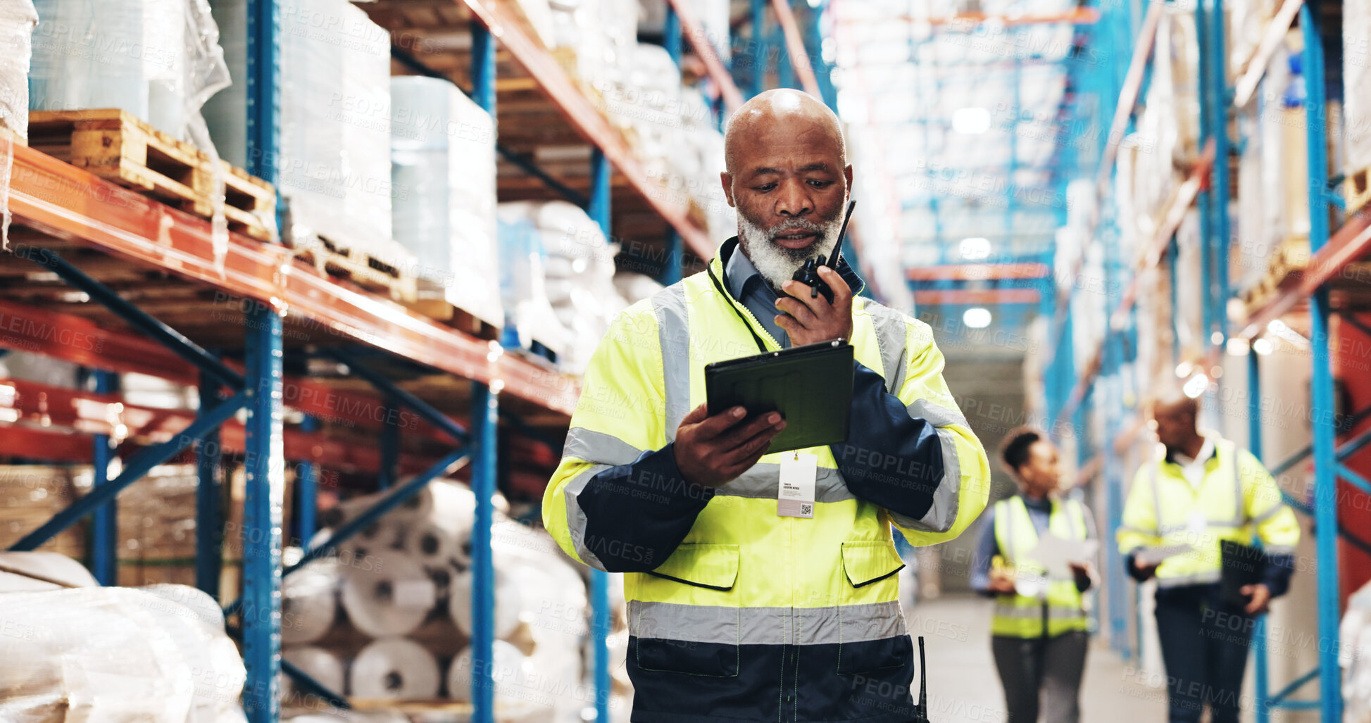 Buy stock photo Talking, mature man and logistics with radio for communication, stock update and supply chain operation. Warehouse, supervisor and inspection with tablet for inventory check, delivery and feedback 