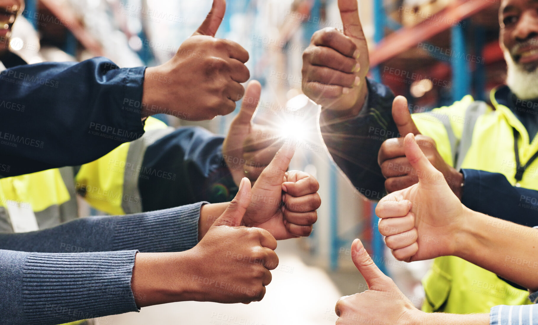 Buy stock photo Business people, hands and logistics with thumbs up for supply chain, distribution or inventory at warehouse. Closeup, group and diversity with like emoji, yes sign or OK for good stock at storage