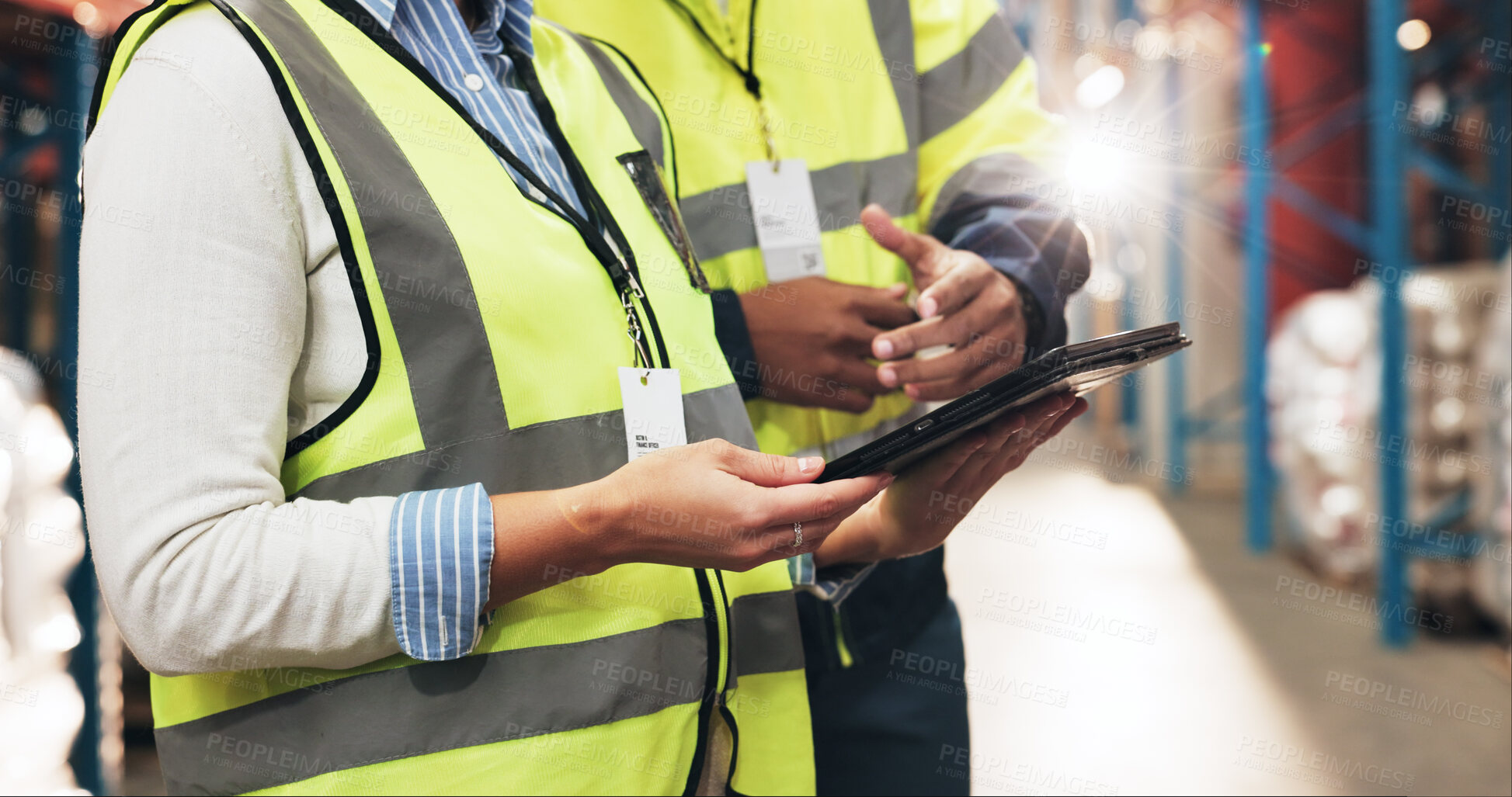 Buy stock photo Business people, hands and logistics with tablet for storage control, inventory or supply chain at warehouse. Closeup, employees or colleagues with technology for distribution, stock or freight