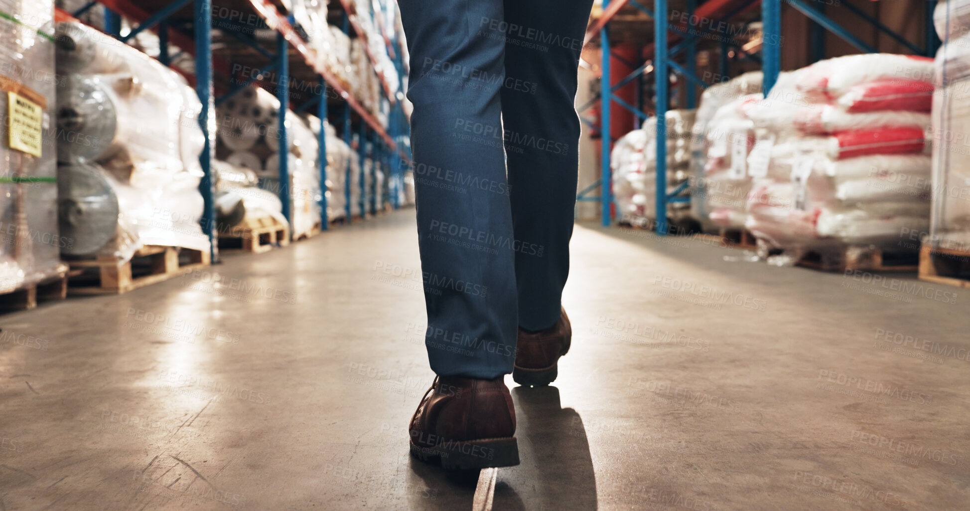 Buy stock photo Shoes, legs and man in warehouse, walking and logistics with inventory, stock and protection. Closeup, feet and person in workplace, safety and inspection with contractor, engineering and industry