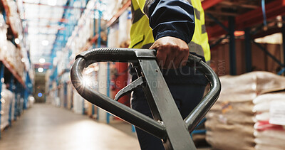 Buy stock photo Warehouse, hand and worker pull pallet truck for supply chain, restock or moving freight. Factory, person and trolley for cargo storage, distribution logistics and back in shipping industry closeup