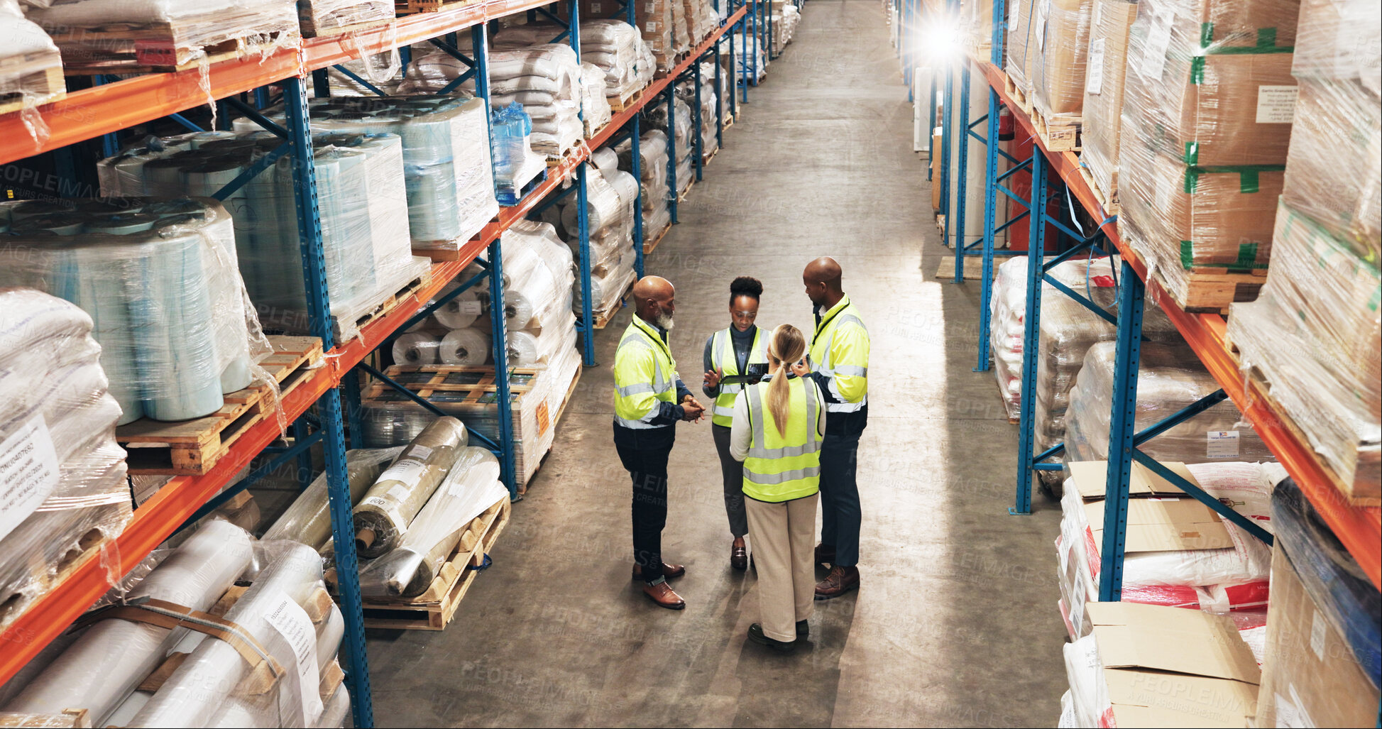 Buy stock photo Logistics, people and meeting with tablet in warehouse for supply chain, distribution or ecommerce. Dropshipping, work and discussion with tech for stock management, checklist or global export update