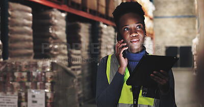 Buy stock photo Logistics, black woman and tablet with phone call for distribution, coordinate shipment and confirm delivery. Supply chain, supervisor and digital with tech for inventory check, track stock and night