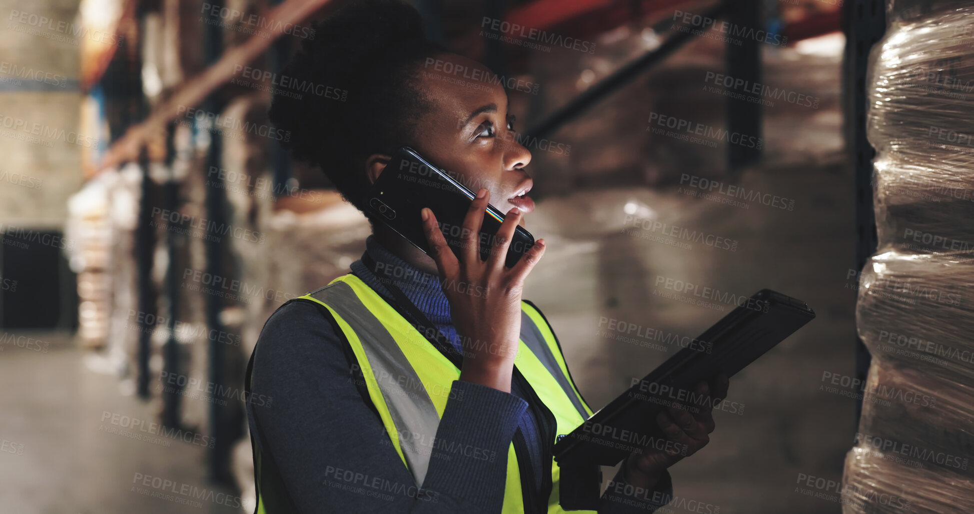 Buy stock photo Warehouse, black woman and tablet with phone call for distribution, coordinate shipment or confirm delivery. Supply chain, supervisor or inspection with tech for inventory check, track stock or night
