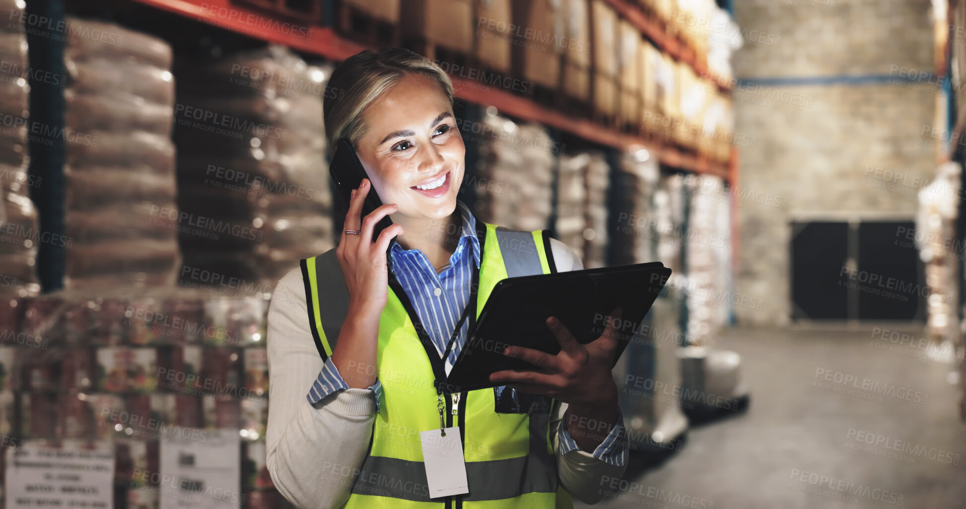 Buy stock photo Warehouse, woman and tablet with phone call for distribution, coordinate shipment and confirm delivery. Supply chain, supervisor and inspection with tech for inventory check, track stock and smile