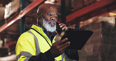 Buy stock photo Logistics, black man and tablet with phone call for talking, coordinate shipment and confirm delivery. Supply chain, mature supervisor and digital with tech for inventory check, track stock and night