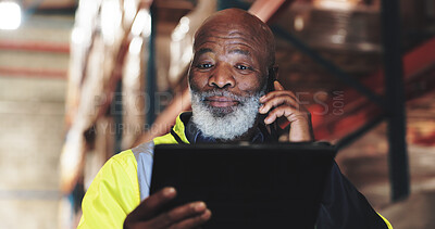 Buy stock photo Logistics, black man and tablet with phone call for delivery, coordinate shipment and confirm orders. Supply chain, mature supervisor and digital with tech for inventory check, track stock and night