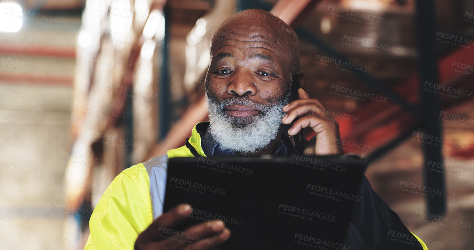 Buy stock photo Logistics, black man and tablet with phone call for delivery, coordinate shipment and confirm orders. Supply chain, mature supervisor and digital with tech for inventory check, track stock and night