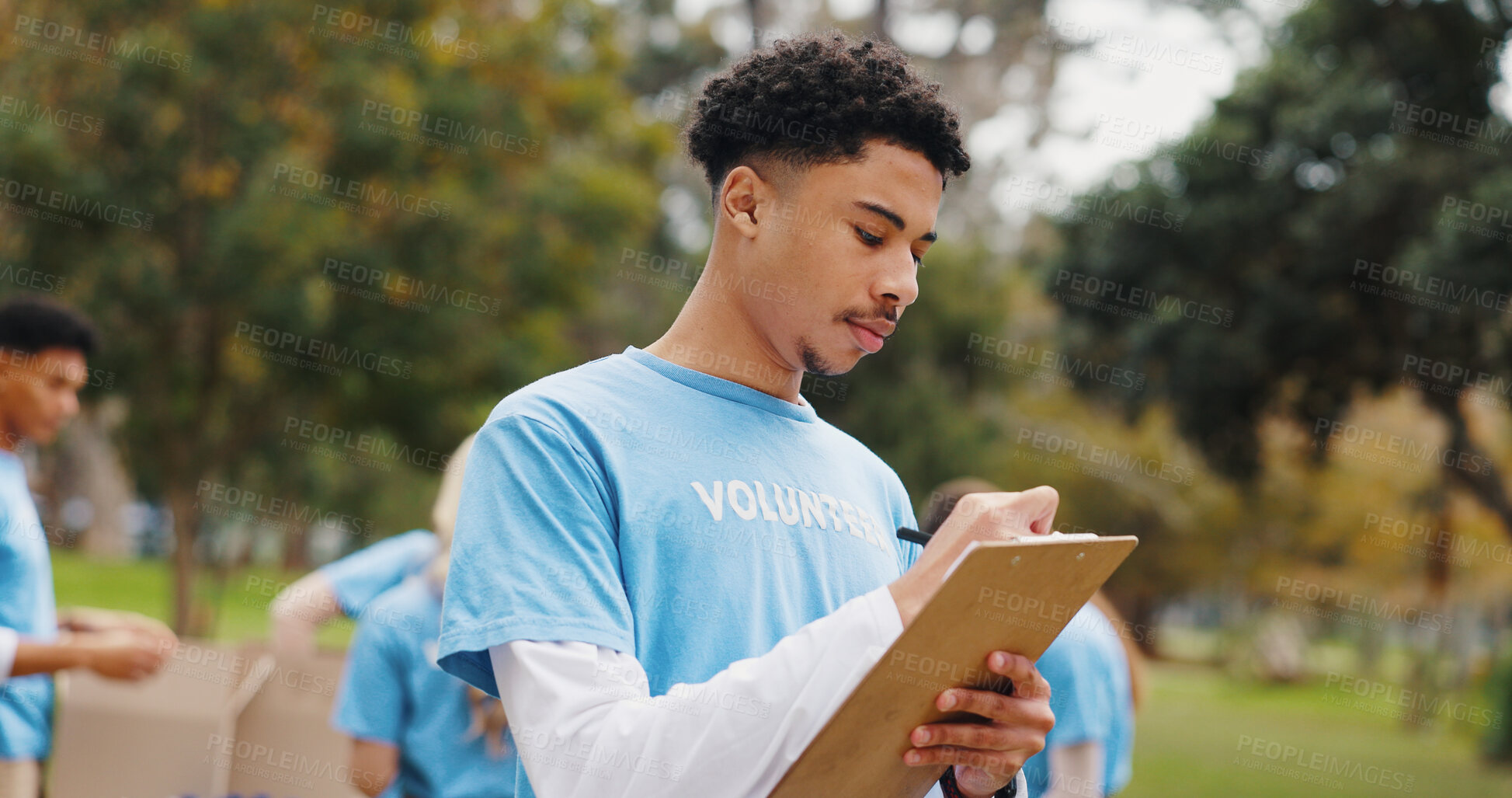 Buy stock photo Checklist, volunteer and man in park planning schedule for sustainable green project at ngo. Clipboard, sign up and girl in nature with application for community service with social responsibility