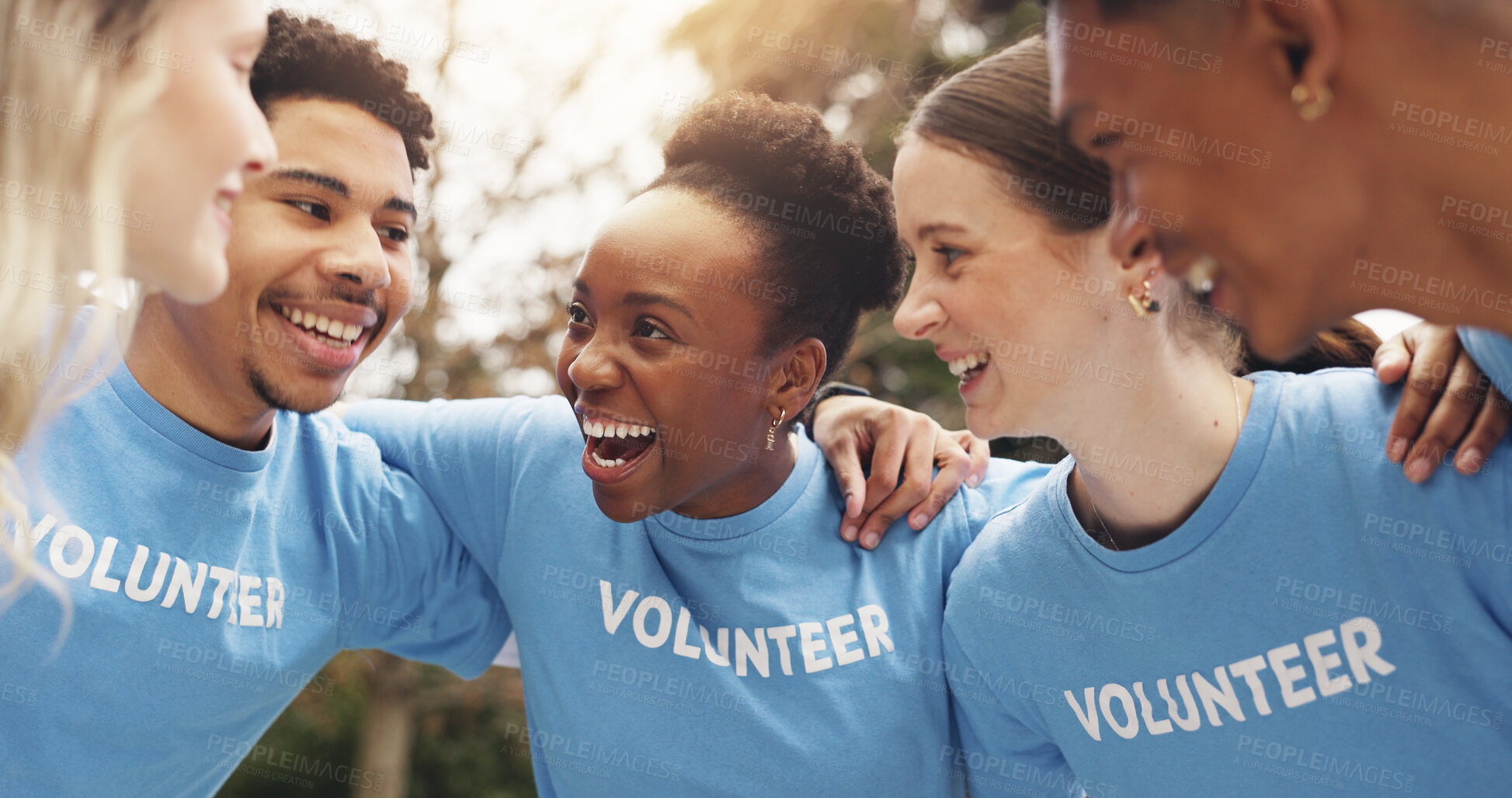 Buy stock photo Huddle, volunteer and team of people in park together planning for sustainable green project. Collaboration, men and women in circle for support, community care and friends in social responsibility