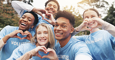 Buy stock photo Selfie, volunteer and support of friends in park with heart hands for sustainable green project. Digital photography, men and women in outdoor solidarity, community love icon or social responsibility