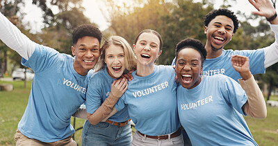 Buy stock photo Happy, volunteer and portrait of people in park for charity event, community service and teamwork. Volunteering, happy and men and women with smile for donation, ngo business and outreach outdoors