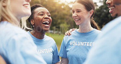 Buy stock photo Planning, volunteer and team of happy people in park together meeting for sustainable green project. Smile, men and women in circle for outdoor charity, community care and social responsibility