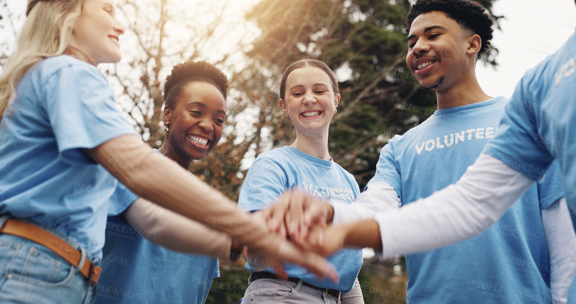 Buy stock photo Park, volunteer and hands of friends in circle together for solidarity in sustainable green project. Collaboration, goals and people in huddle for teamwork, community care and social responsibility
