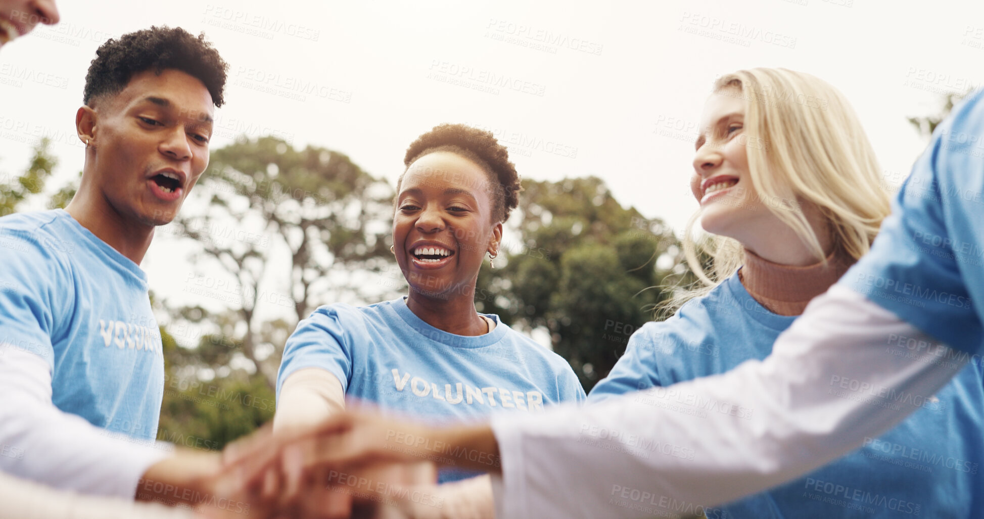 Buy stock photo Park, volunteer and hands of people in circle together for solidarity in sustainable green project. Collaboration, goals and friends in huddle for teamwork, community care and social responsibility