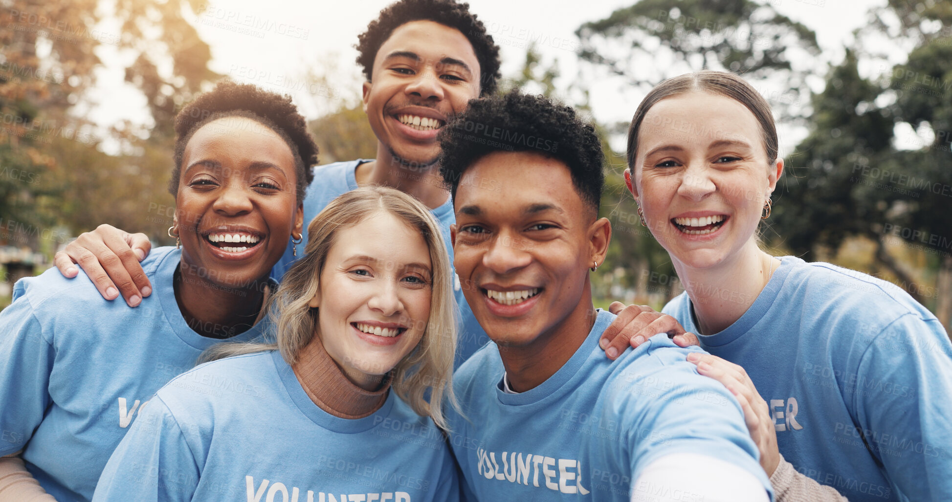 Buy stock photo Selfie, volunteer and team of people in park together with happy support for sustainable green project. Photography, men and women in outdoor solidarity, community care and social responsibility