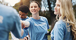 Handshake, volunteer and woman in park with smile, agreement and welcome to sustainable green ngo. Deal, introduction and people shaking hands for meeting, community care and social responsibility