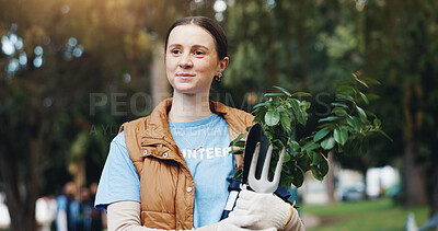 Buy stock photo Conservation, smile and thinking with volunteer woman outdoor in park for green sustainability. Earth day. ecology and idea with happy person in nature environment for charity, growth or landscaping