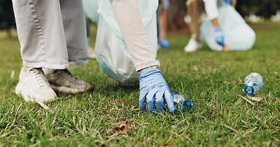 Buy stock photo Cleaning, volunteer and hands of people in park with trash collection for sustainability, plastic and ngo project. Solidarity, garbage and group for charity, community care and social responsibility