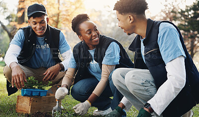 Buy stock photo Enivronment, group and volunteer on earth day, teamwork and ecology with climate change. Nature, men and women with trees, sapling and fertilizer soil with sustainability, support agriculture or dirt