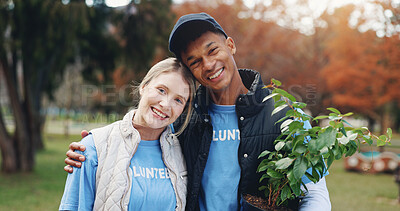 Buy stock photo Volunteer, man and woman in park portrait with plant for growth, development or support on earth day. Green, woods and couple in nature for sustainability, community service and social responsibility