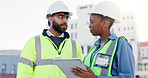 Business people, civil engineer and planning construction with tablet on rooftop for building maintenance in city. Contractors, colleagues or architects with technology for infrastructure in town