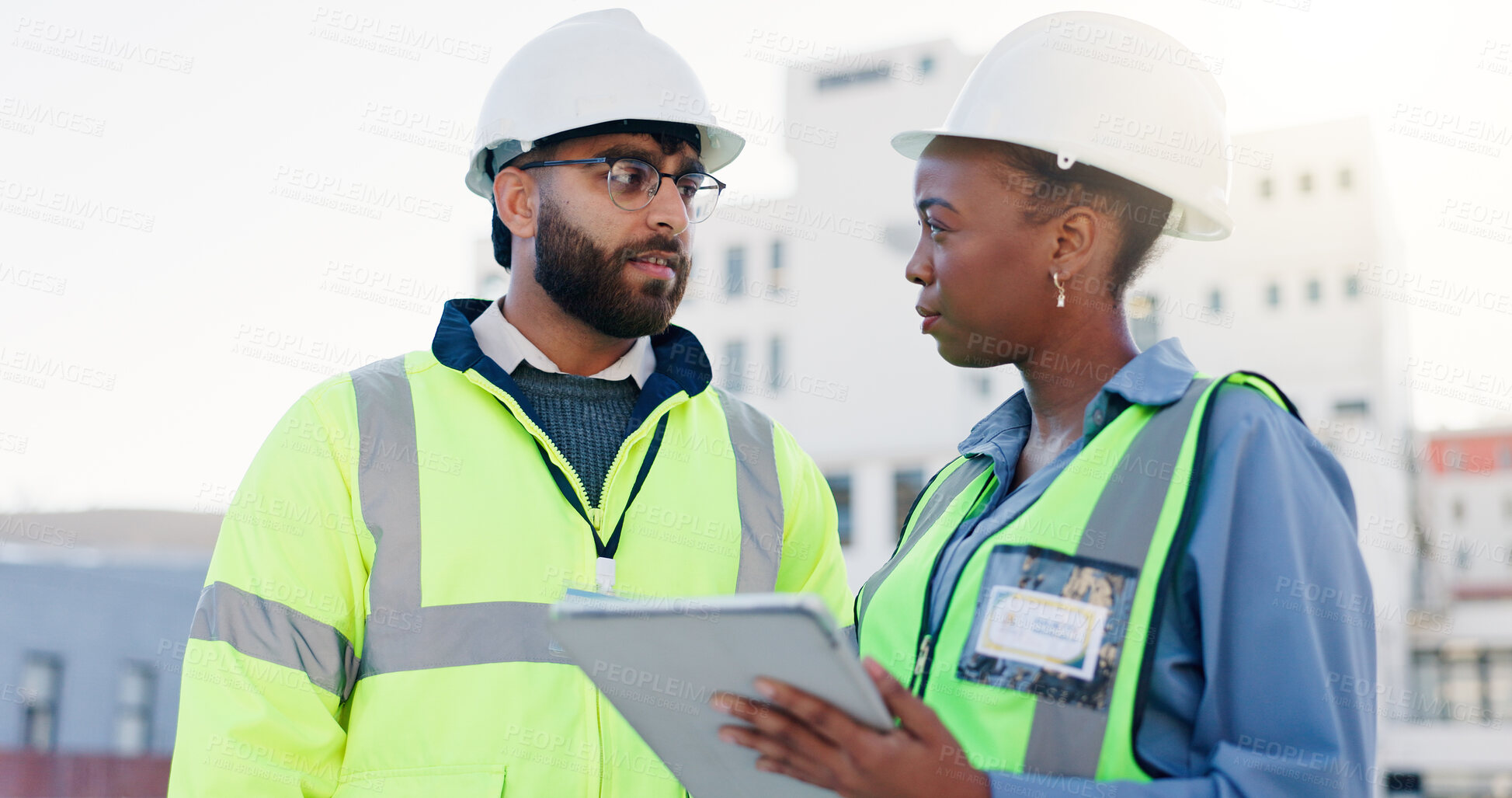 Buy stock photo Business people, civil engineer and planning construction with tablet on rooftop for building maintenance in city. Contractors, colleagues or architects with technology for infrastructure in town