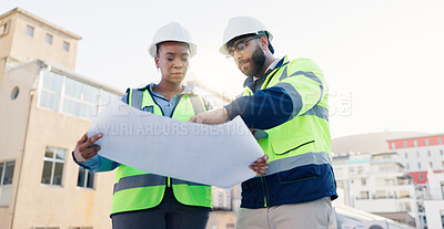 Buy stock photo Business people, architect and discussion with blueprint for construction, planning or building layout in city. Contractor, civil engineer or colleagues with technology or document for architecture