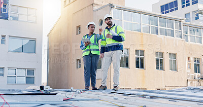 Buy stock photo Business people, electrician and discussion with tablet on rooftop for building maintenance or installation in city. Contractor, electrical engineer or technicians with technology for inspection