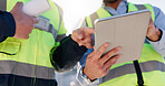 Business people, hands and architect with tablet for construction planning, project or building in city. Closeup, civil engineer or team with technology for industrial design or architecture together