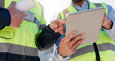 Buy stock photo Business people, hands and architect with tablet for construction planning, project or building in city. Closeup, civil engineer or team with technology for industrial design or architecture together