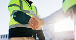 Business people, civil engineer or handshake with colleague for building, teamwork or partnership in city. Closeup, contractor or architect shaking hands for b2b, architecture or deal on construction