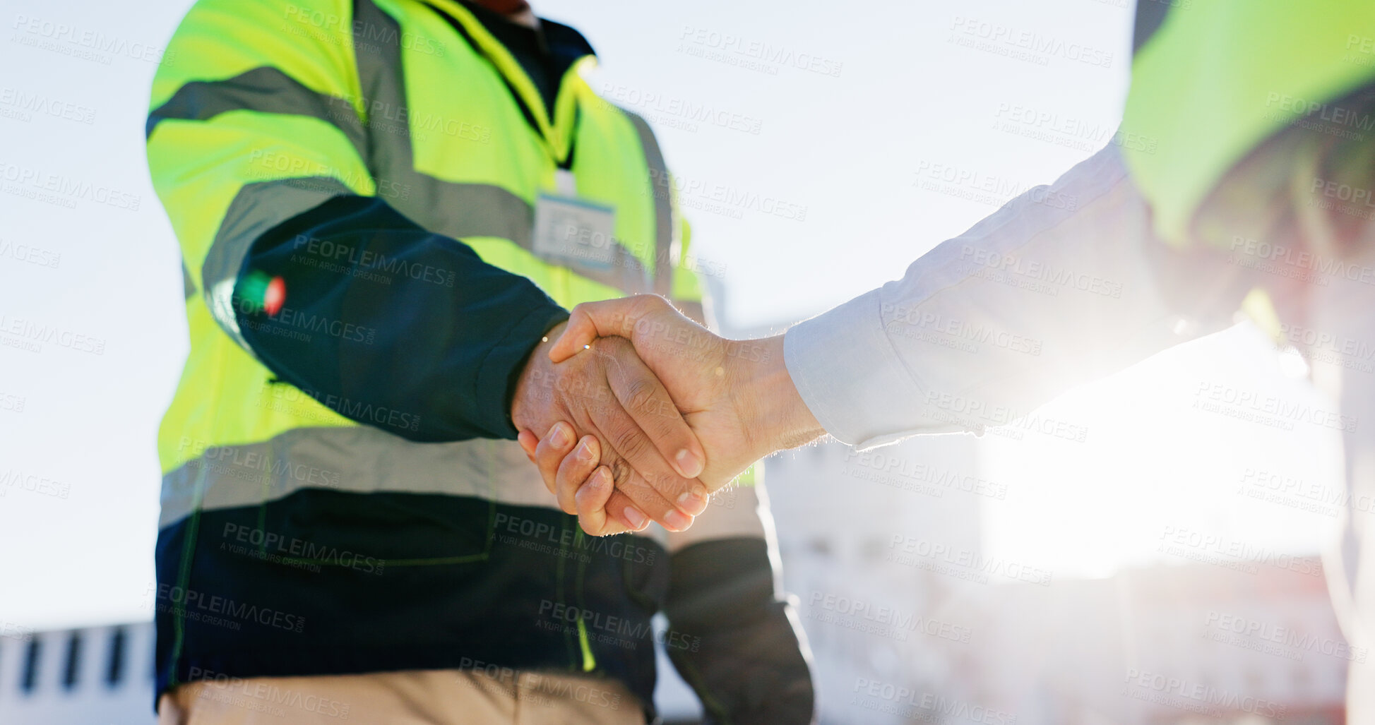 Buy stock photo Business people, civil engineer or handshake with colleague for building, teamwork or partnership in city. Closeup, contractor or architect shaking hands for b2b, architecture or deal on construction