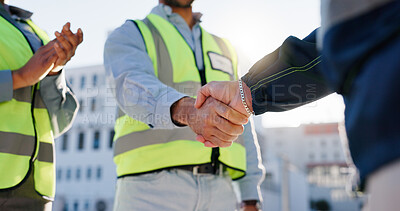 Buy stock photo Business people, handshake and meeting with architect for construction deal, b2b or teamwork in city. Closeup, employees or civil engineer shaking hands for greeting or introduction in architecture