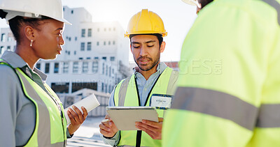 Buy stock photo Tablet, group and construction engineers on site for city planning, maintenance or repairs. Discussion, contractor and team of civil employees with technology for renovation approval on town rooftop.