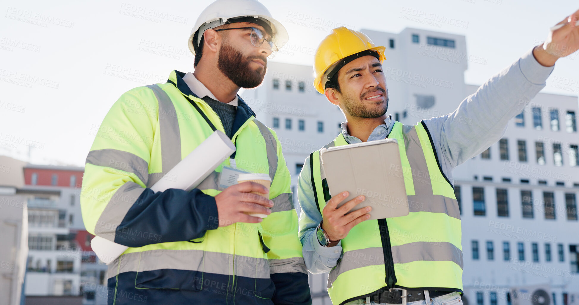 Buy stock photo Businessmen, architect and planning construction with tablet for building maintenance or implementation in city. Man, contractor or civil engineer with colleague or technology for architecture ideas