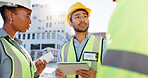 Tablet, group and construction engineers on site for city planning, maintenance or repairs. Discussion, contractor and team of civil employees with technology for renovation approval on town rooftop.