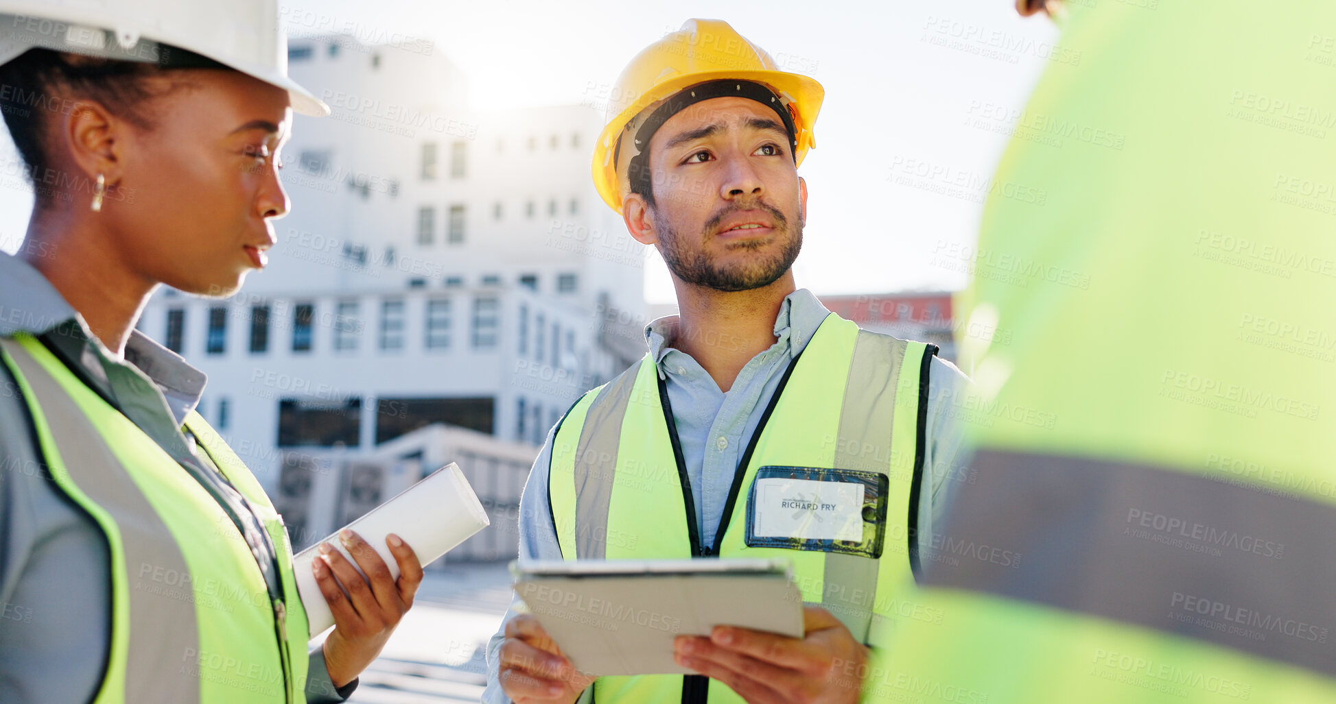 Buy stock photo Tablet, group and construction engineers on site for city planning, maintenance or repairs. Discussion, contractor and team of civil employees with technology for renovation approval on town rooftop.