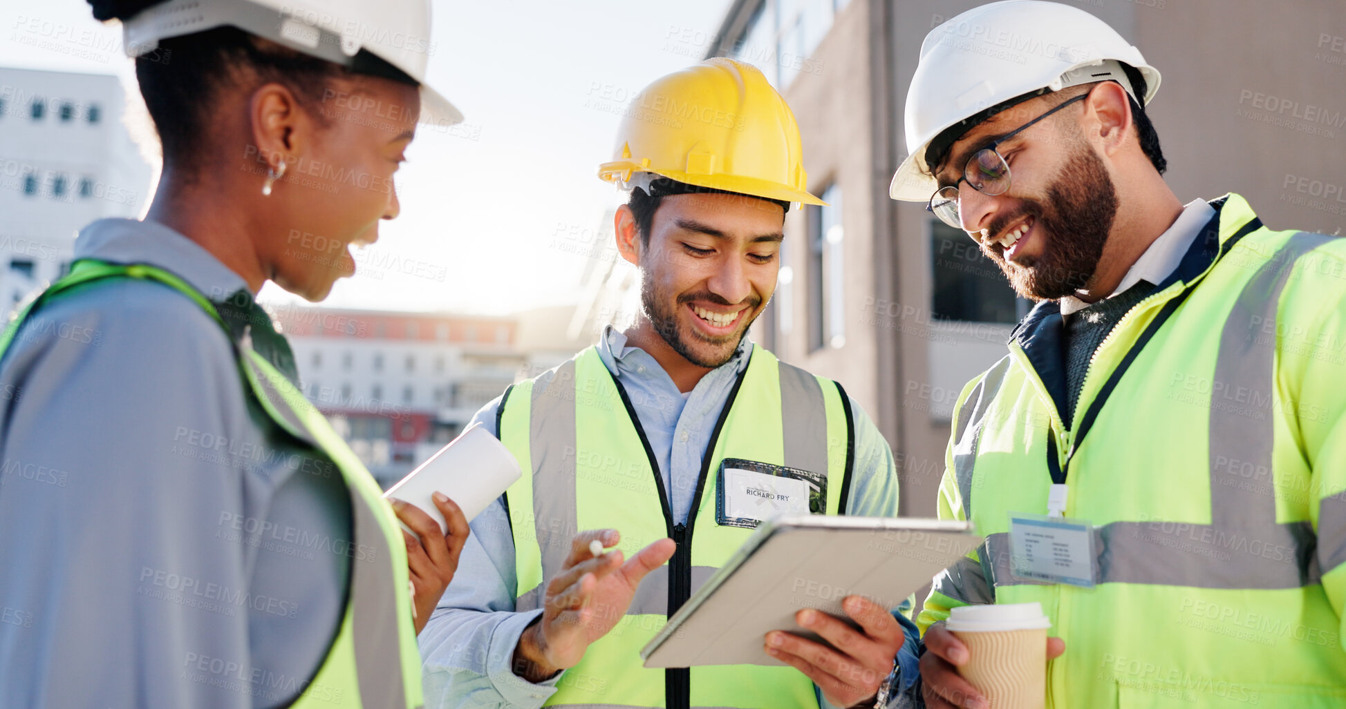 Buy stock photo Tablet, team and construction engineers on site for city planning, maintenance or repairs. Discussion, contractor and group of civil employees with technology for renovation approval on town rooftop.