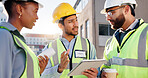 Tablet, engineering and construction team on site for city planning, maintenance or repairs. Discussion, contractor and group of civil employees with tech for renovation approval on town rooftop.