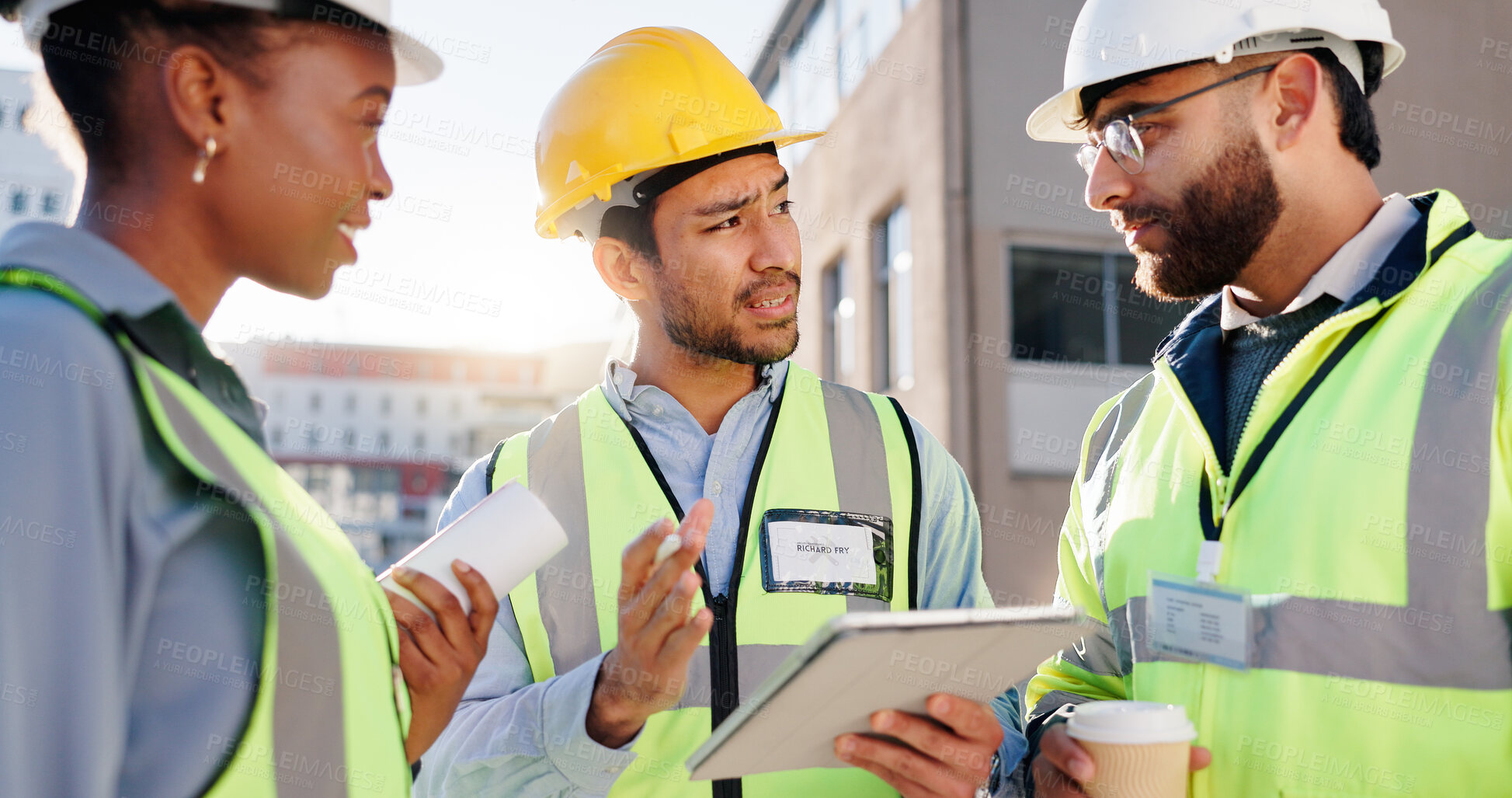 Buy stock photo Tablet, engineering and construction team on site for city planning, maintenance or repairs. Discussion, contractor and group of civil employees with tech for renovation approval on town rooftop.