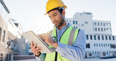 Buy stock photo Tablet, planning and construction man on site with communication for contract city thinking. Digital technology, industry and civil engineer worker with blueprint notes for renovation approval