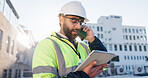 Businessman, architect and tablet with phone call in city construction or building maintenance. Man, civil engineer or builder talking with technology for inspection, architecture or communication