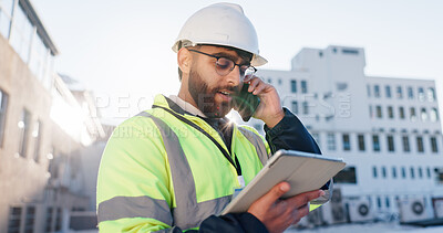 Buy stock photo Businessman, architect and tablet with phone call in city construction or building maintenance. Man, civil engineer or builder talking with technology for inspection, architecture or communication