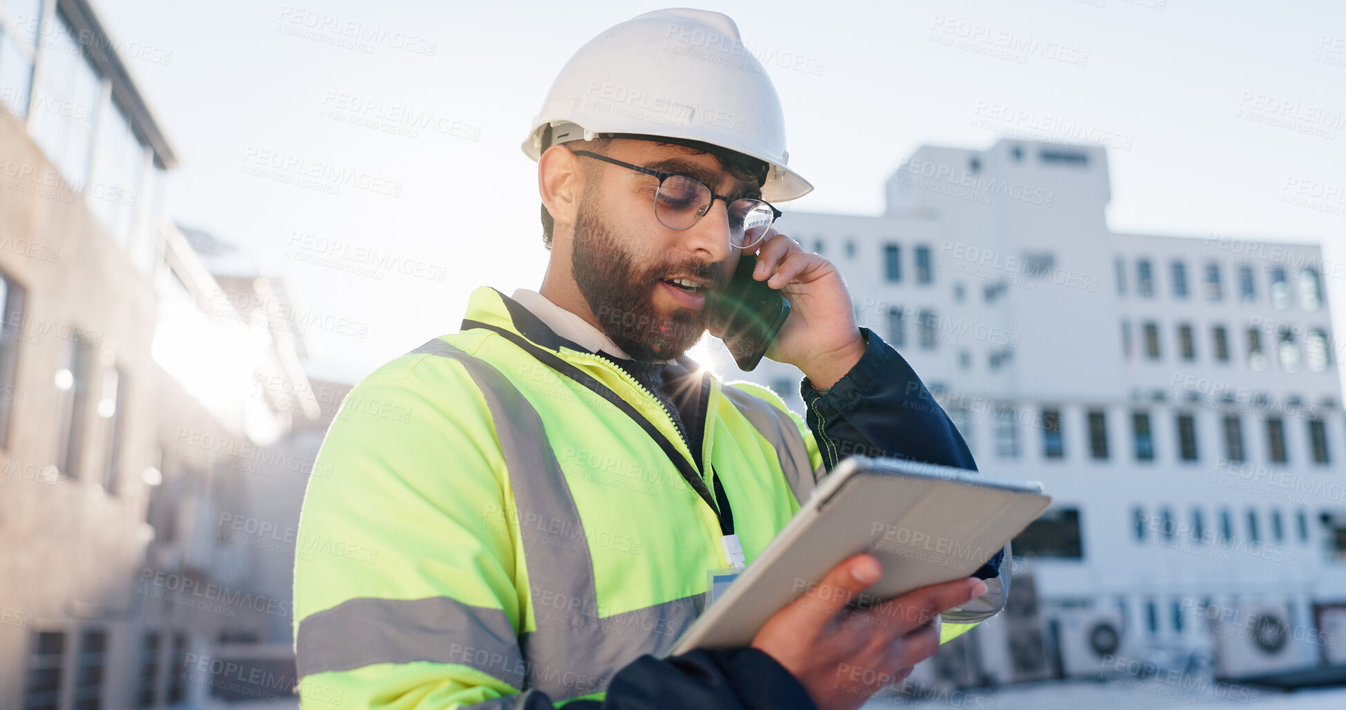 Buy stock photo Businessman, architect and tablet with phone call in city construction or building maintenance. Man, civil engineer or builder talking with technology for inspection, architecture or communication