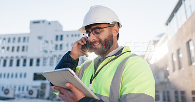 Buy stock photo Phone call, tablet and construction engineer on site with communication for contract city talk. Digital technology, industry and civil worker man with blueprint planning for renovation approval