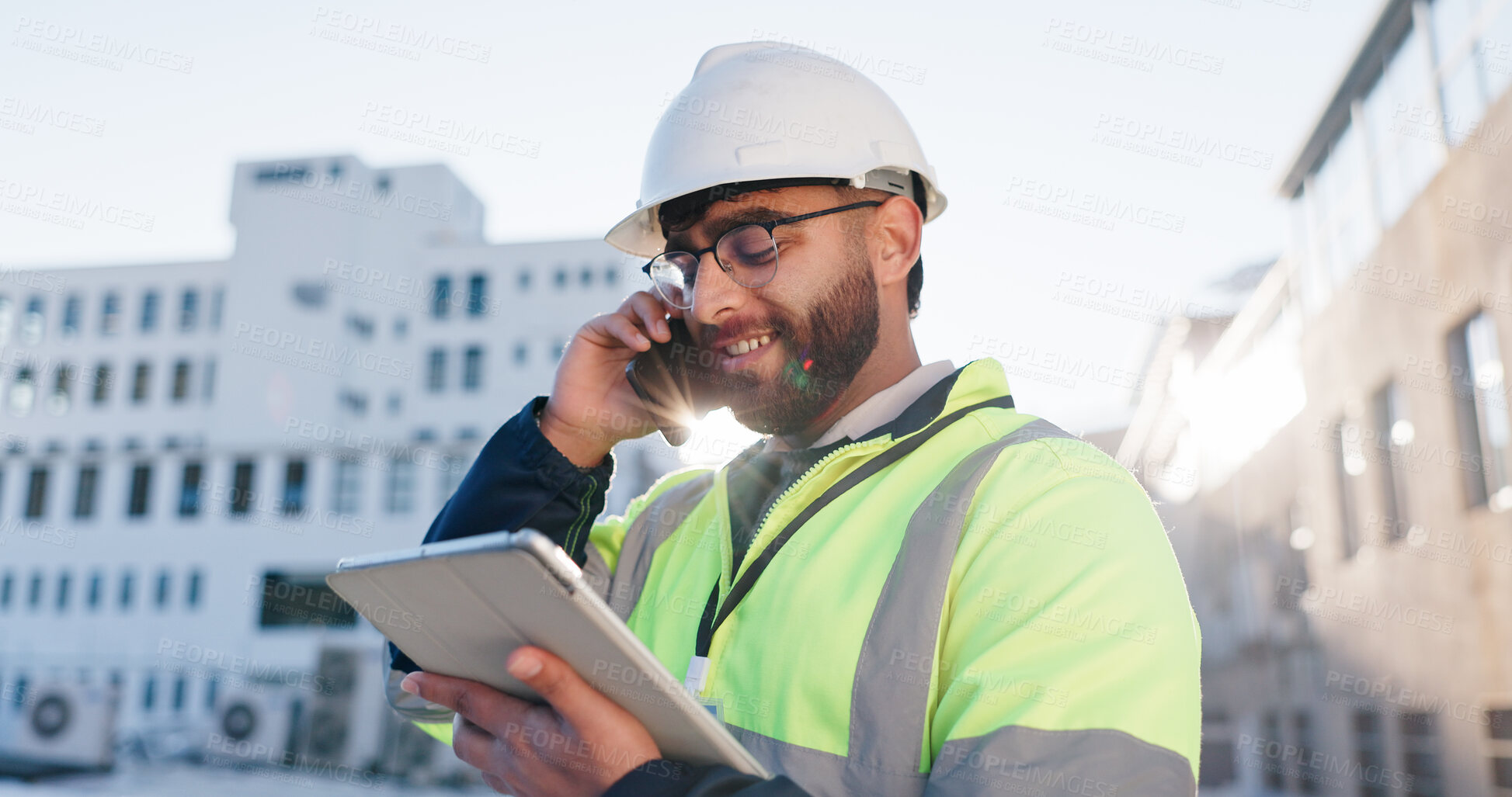 Buy stock photo Phone call, tablet and construction engineer on site with communication for contract city talk. Digital technology, industry and civil worker man with blueprint planning for renovation approval