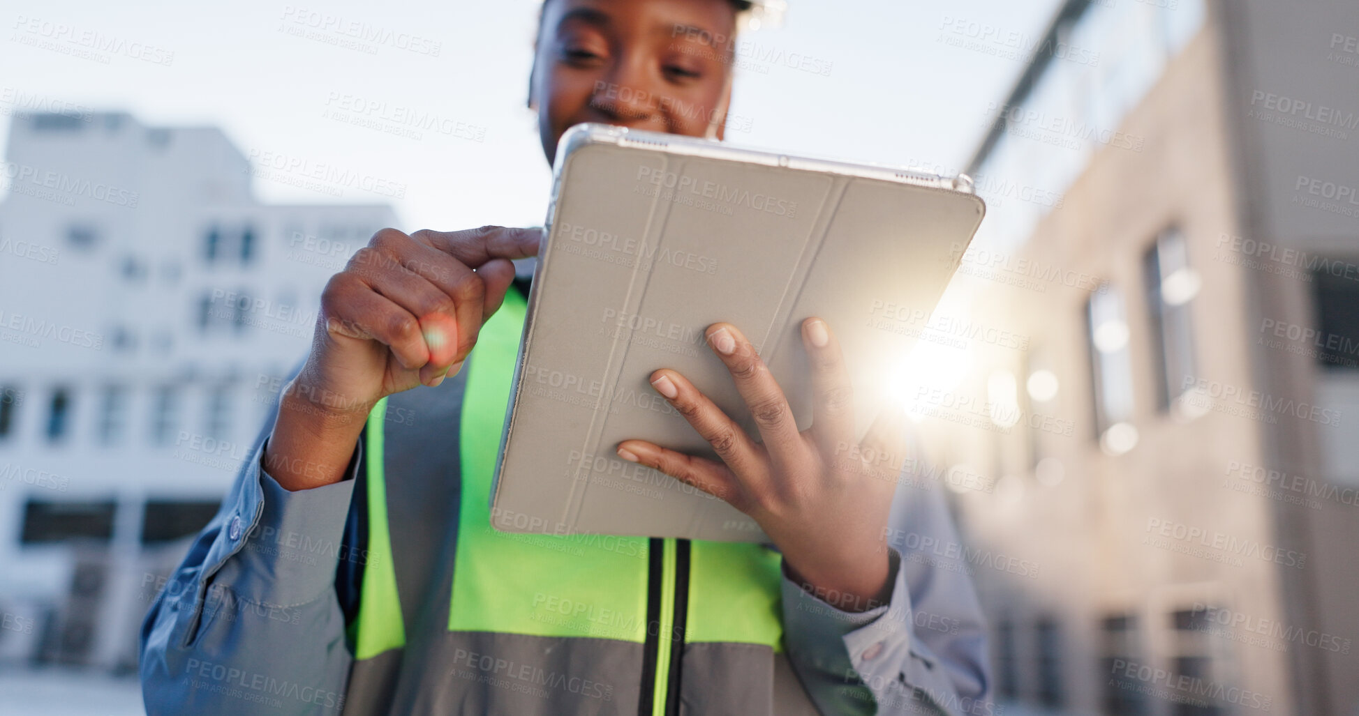 Buy stock photo Black woman, engineer and tablet in city for construction planning, building maintenance and architecture. Contractor, typing and tech for project management on rooftop for infrastructure development