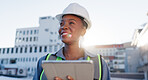 Engineer, thinking or tablet on rooftop for construction planning, building maintenance or vision. Black woman, smile or tech for project management in city for infrastructure development feedback