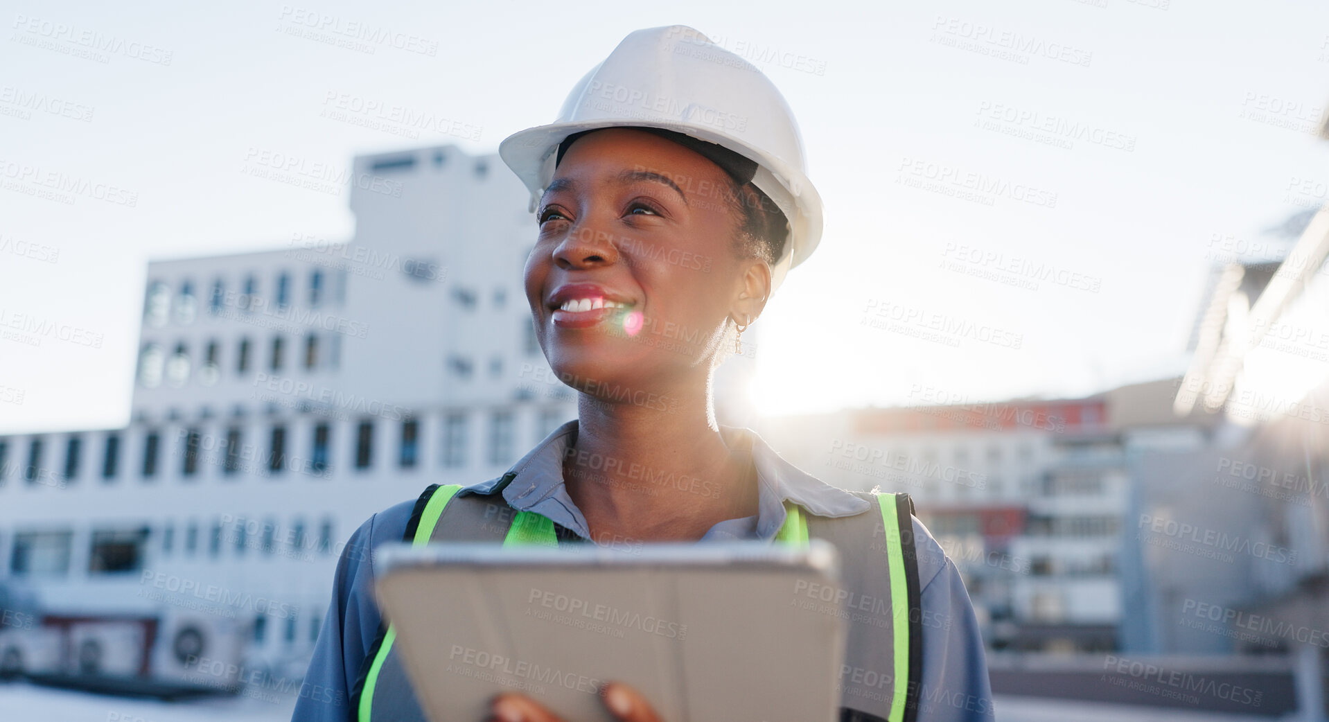 Buy stock photo Engineer, thinking or tablet on rooftop for construction planning, building maintenance or vision. Black woman, smile or tech for project management in city for infrastructure development feedback